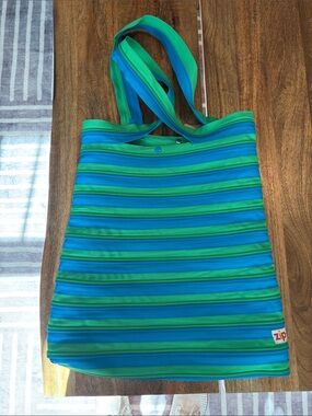 Zip Blue & Green Striped Tote Bag